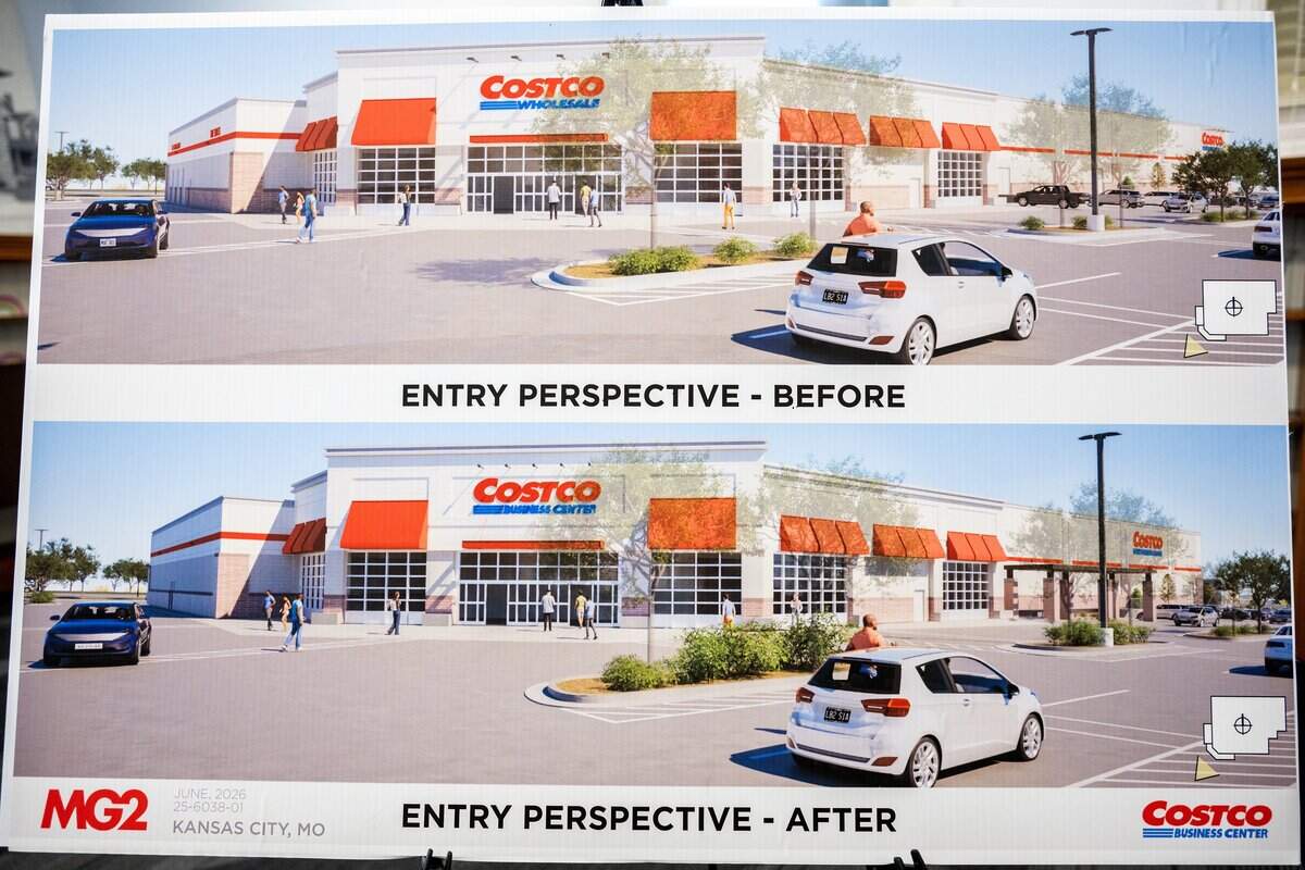 Renderings of the proposed Costco Linwood Business Center is displayed during a public meeting about the project's zoning changes at the Westport Library on Tuesday, July 7, 2026, in Kansas City.