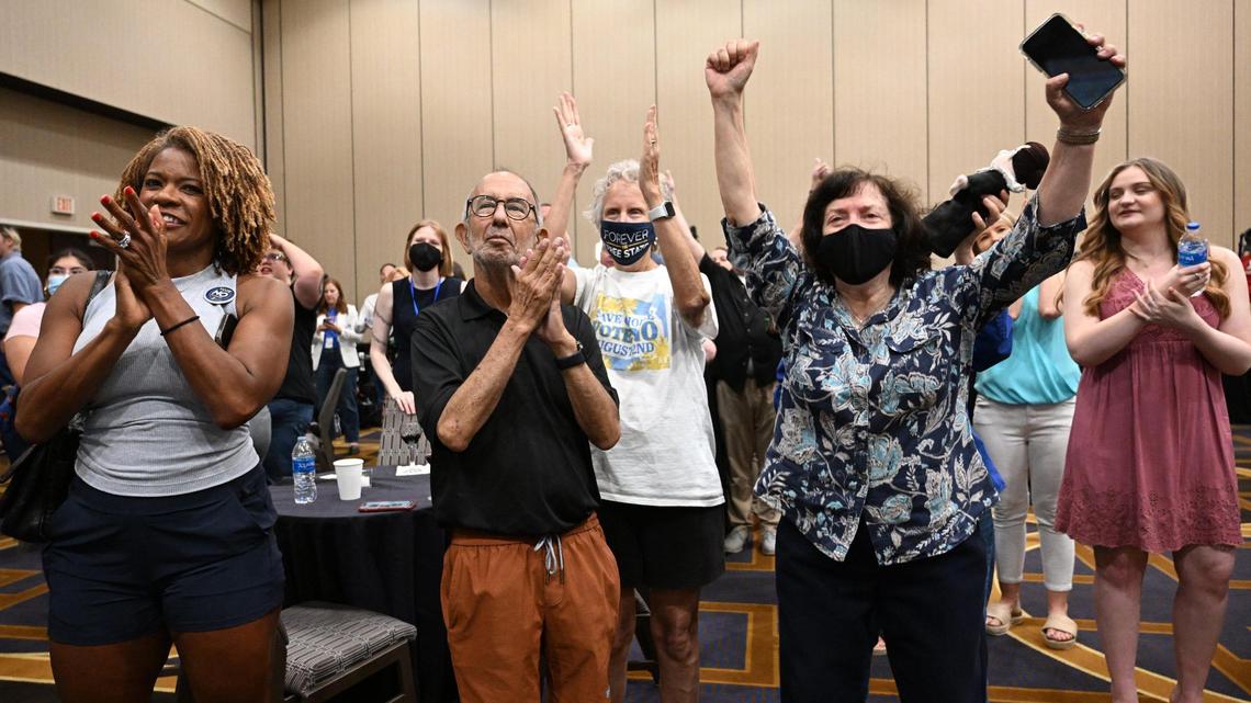 Kansans for Constitutional Freedom and supporters celebrated their election victory at a watch party Tuesday at the Overland Park Convention Center. The group backed a “No” vote on the constitutional amendment, which if passed, would have paved the way for the Legislature to further restrict or ban abortion.