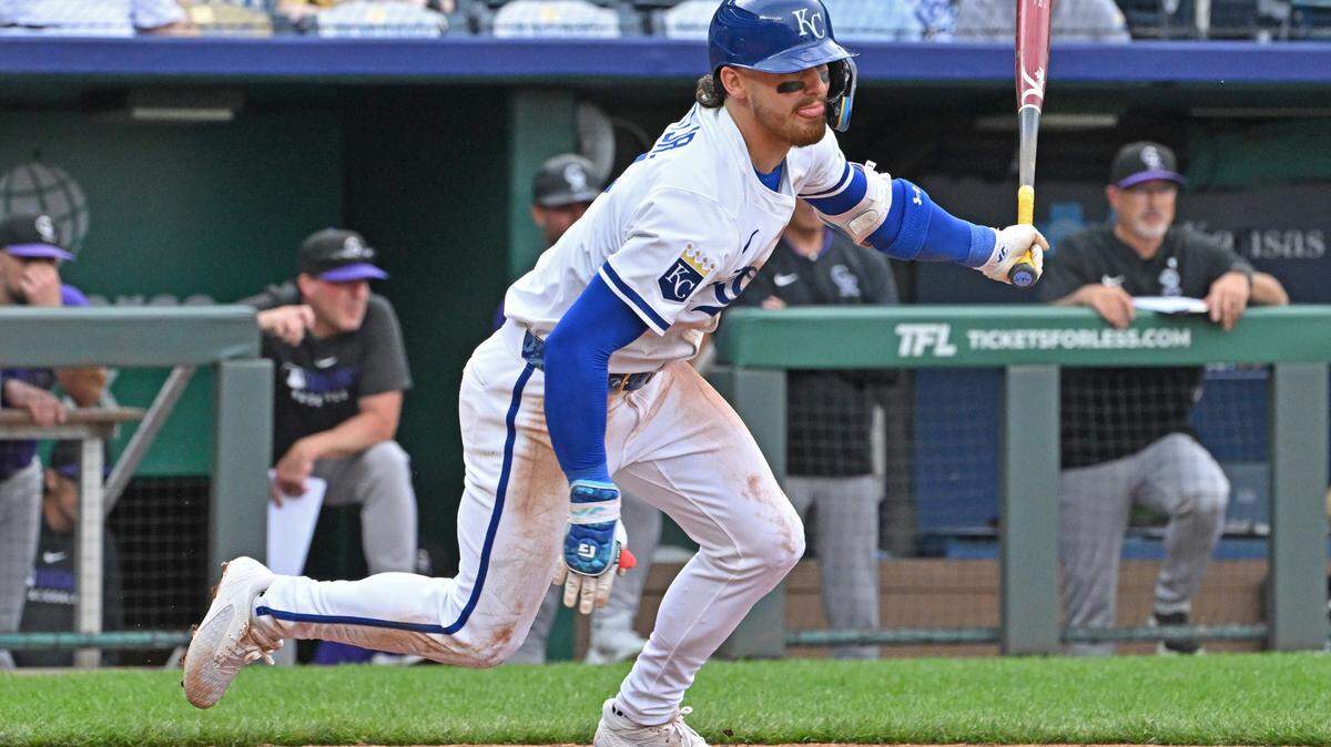 Royals shortstop Bobby Witt Jr. singles in a run during the fifth inning of a Thursday, April 24, 2025 Major League Baseball game against the Colorado Rockies at Kauffman Stadium in Kansas City. The hit pushed Witt’s career-best hitting streak to 16 consecutive games.