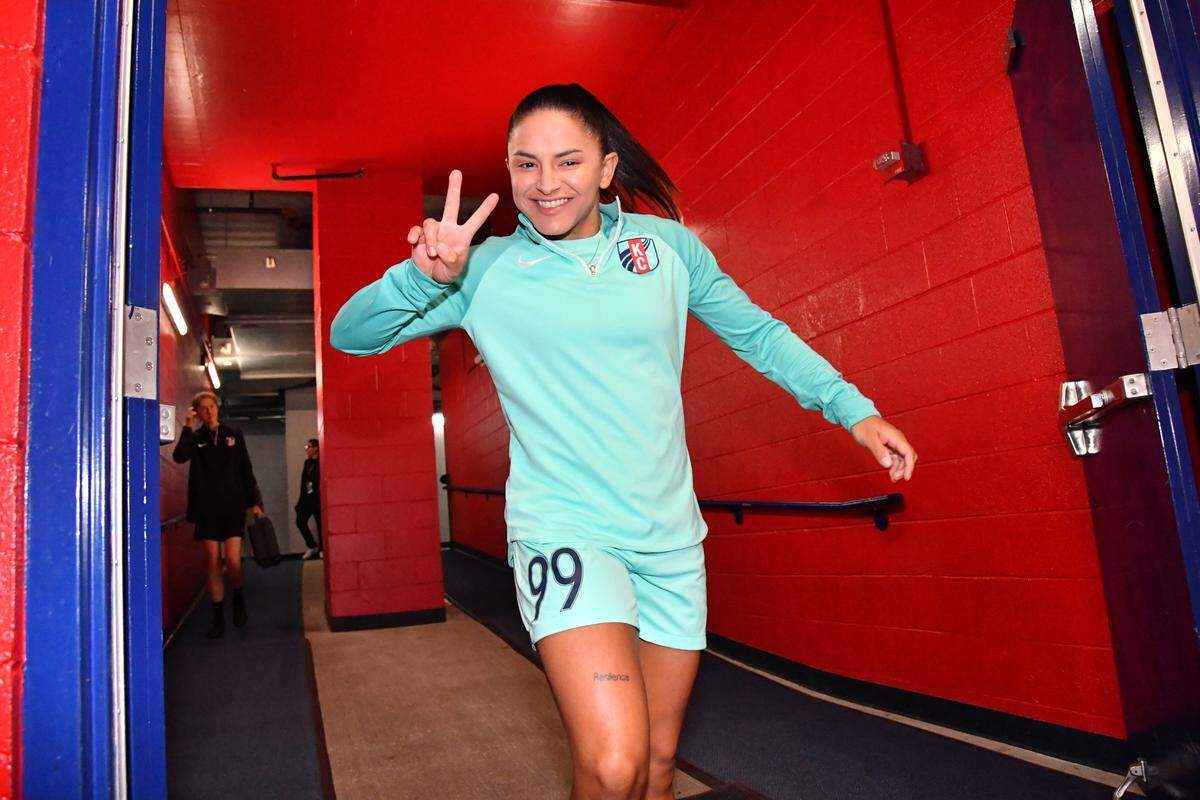 Kansas City Current midfielder Debinha (99) is seen inside the tunnel prior to the game at SeatGeek Stadium on April 15, 2023.