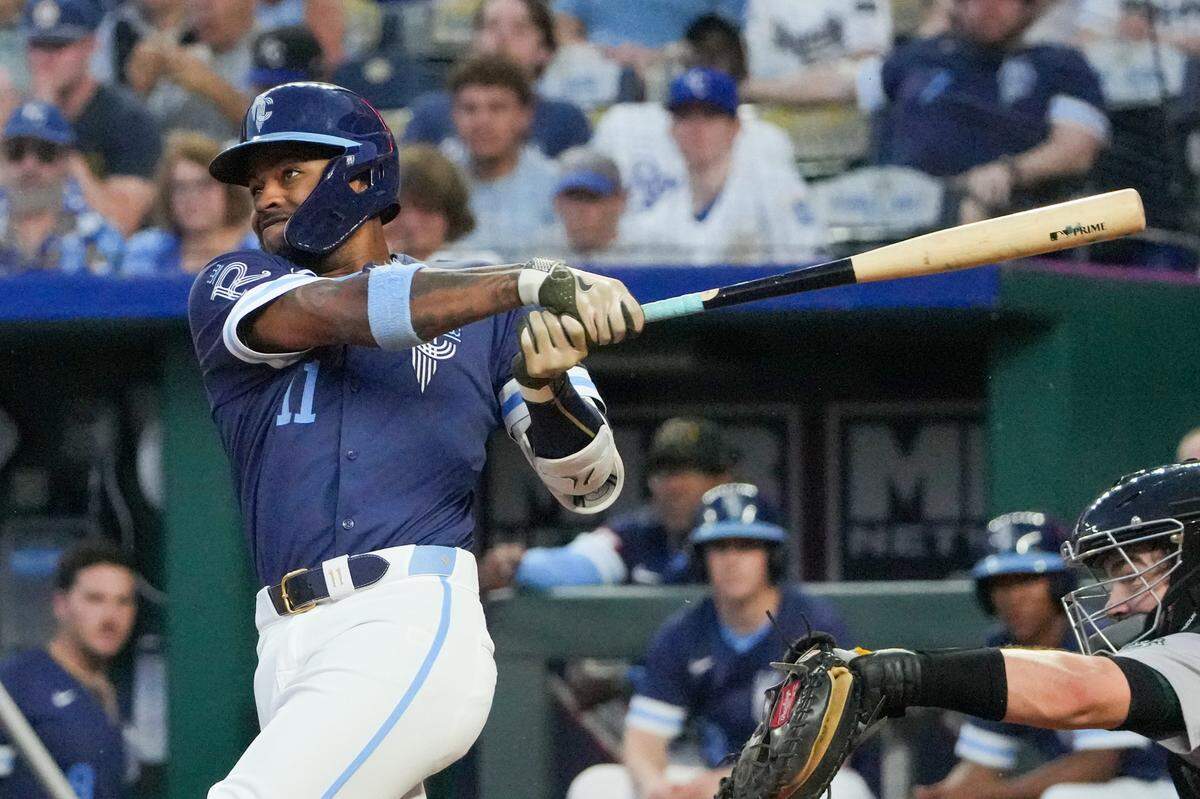 Kansas City Royals third baseman Maikel Garcia belts a three-run home run against the Oakland Athletics in the sixth inning of Friday’s game at Kauffman Stadium.