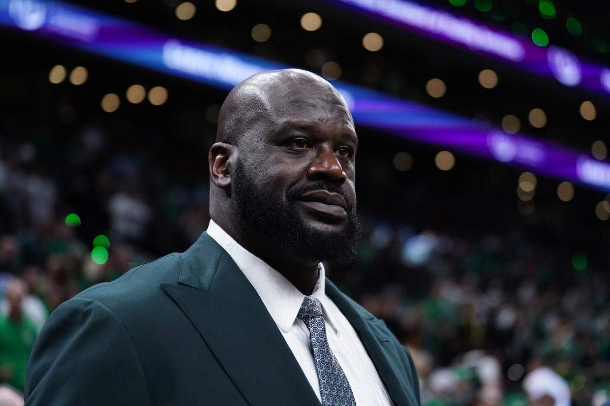 Shaquille O’Neal looks on before the game between the Boston Celtics and the Dallas Mavericks in game one of the 2024 NBA Finals at TD Garden.
