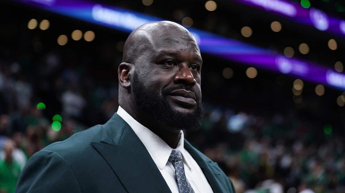 Shaquille O’Neal looks on before the game between the Boston Celtics and the Dallas Mavericks in game one of the 2024 NBA Finals at TD Garden.