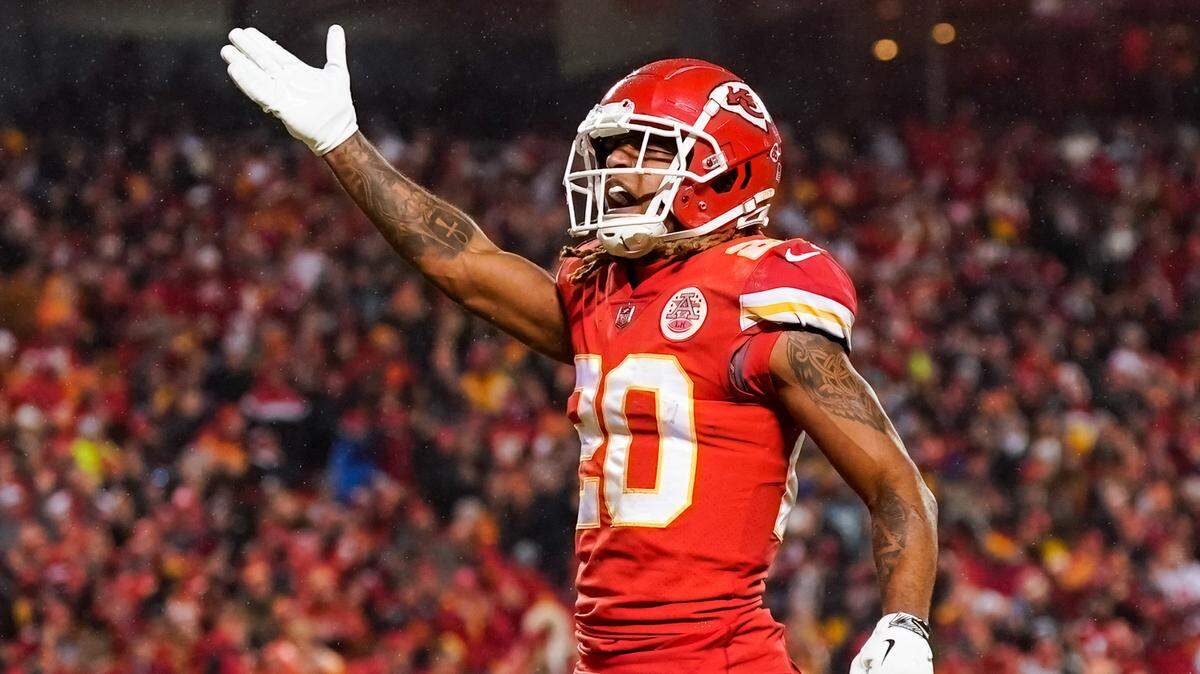 Kansas City Chiefs safety Justin Reid (20) celebrates during the second half of an AFC divisional round game against the Jacksonville Jaguars at GEHA Field at Arrowhead Stadium.