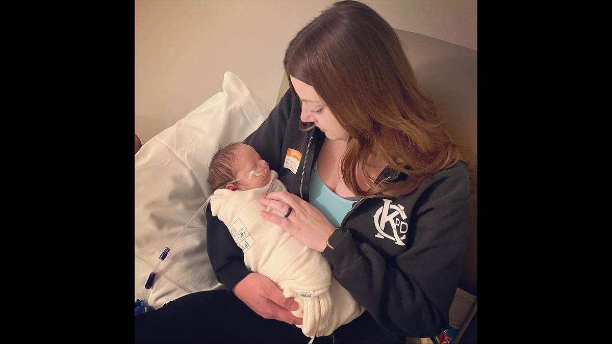 Kayleigh Wasmer first held her son, Abbott, when he was a few days old. His biological mother, who was homeless, reached out to Wasmer after he was born in June 2023 and asked if she and her husband would adopt him. They now advocate to get Safe Haven Baby Boxes in Kansas City.