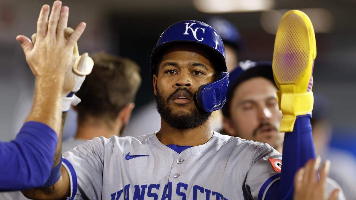 ANAHEIM, CALIFORNIA - SEPTEMBER 23: Maikel Garcia #11 of the Kansas City Royals celebrates a run against the Los Angeles Angels in the eighth inning at Angel Stadium of Anaheim on September 23, 2025 in Anaheim, California. (Photo by Ronald Martinez/Getty Images)