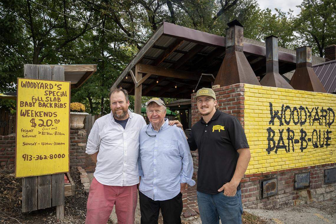 Frankie Schloegel, from left, his father, Frank Schloegel III, and Oscar Scott, grandson, at Woodyard Bar-B-Que, 3001 Merriam Lane, in Kansas City, Kansas, on Tuesday, October 14, 2025. The family-owned business is back under the family's management and is making some improvements to the restaurant. Scott will be the general manager.