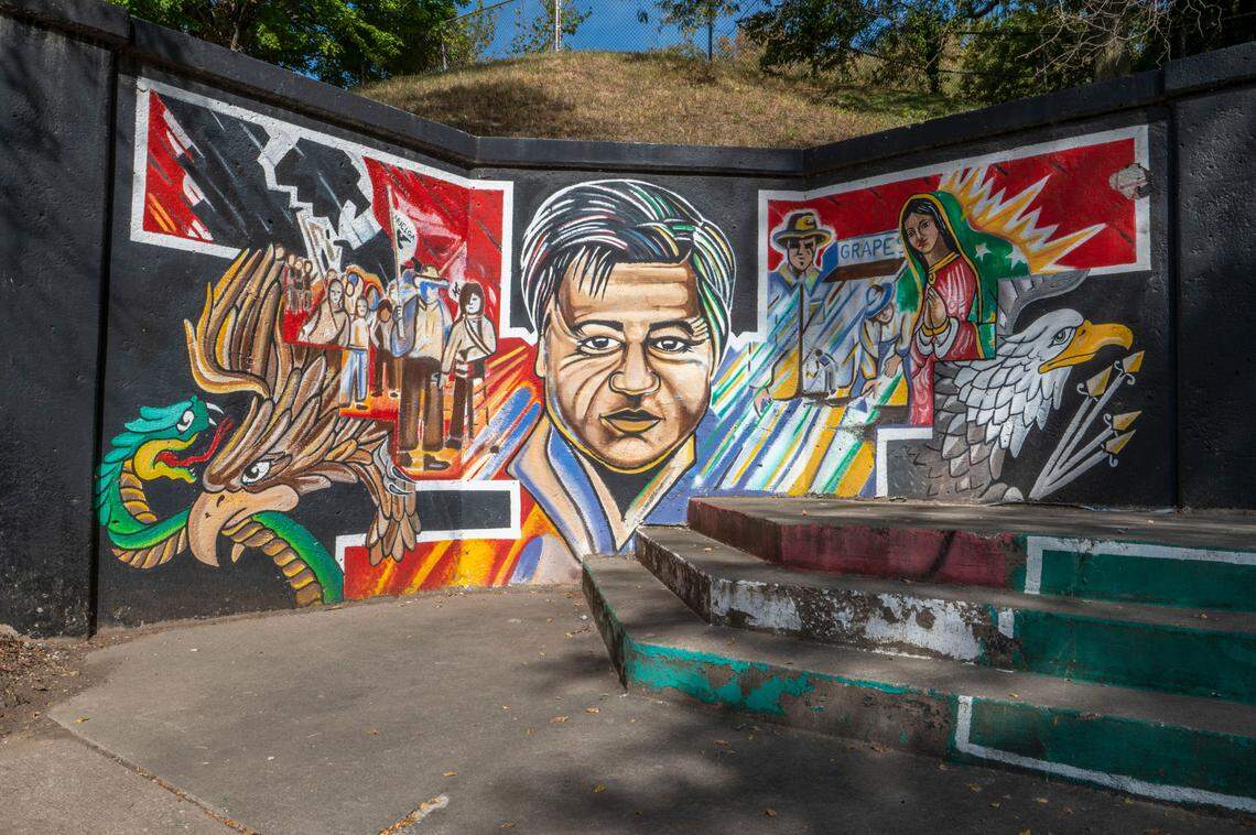 Murals celebrating Cesar E. Chavez are painted at the front entrance of Gage Park on Avenida Cesar E. Chavez on Tuesday, Oct. 4, 2022, in Kansas City.