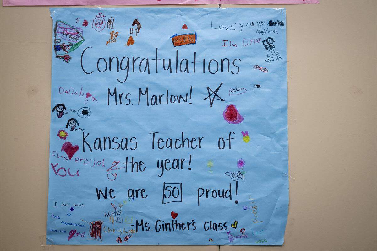Posters celebrating Rachel Marlow, a music and special education teacher named 2026 Kansas Teacher of the Year, are displayed at Central Elementary in Olathe, Kansas, on Wednesday, Sept. 24, 2025.