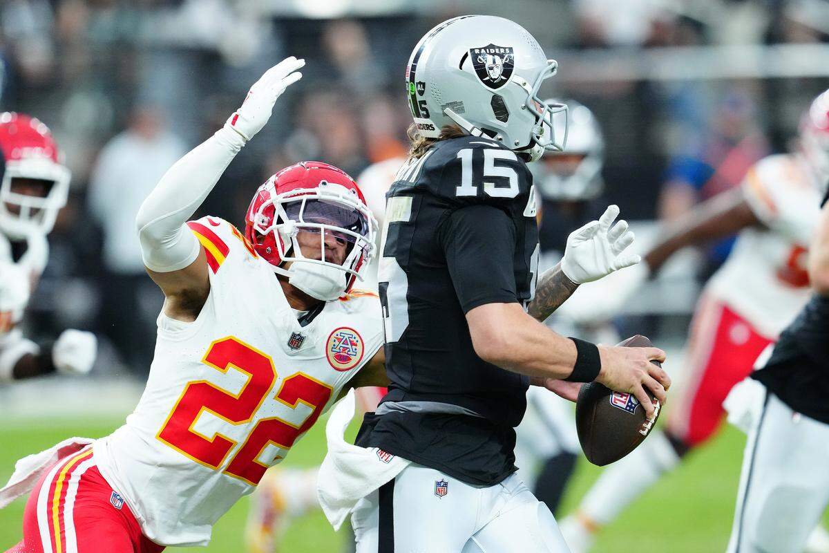 Kansas City Chiefs cornerback Trent McDuffie pressures Las Vegas Raiders quarterback Gardner Minshew during a Sunday, Oct. 27, 2024 NFL Week 8 game at Allegiant Stadium in Paradise, Nevada.
