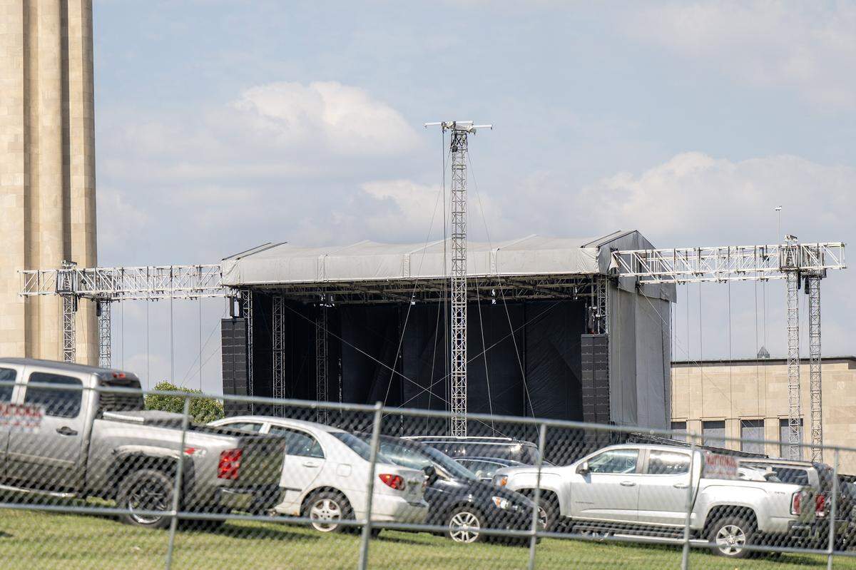 A constructed stage is seen outside the National WWI Museum and Memorial on Wednesday, Oct. 1, 2025, in Kansas City, ahead of pop singer Chappell Roan's concert Visions of Damsels and Other Dangerous Things.