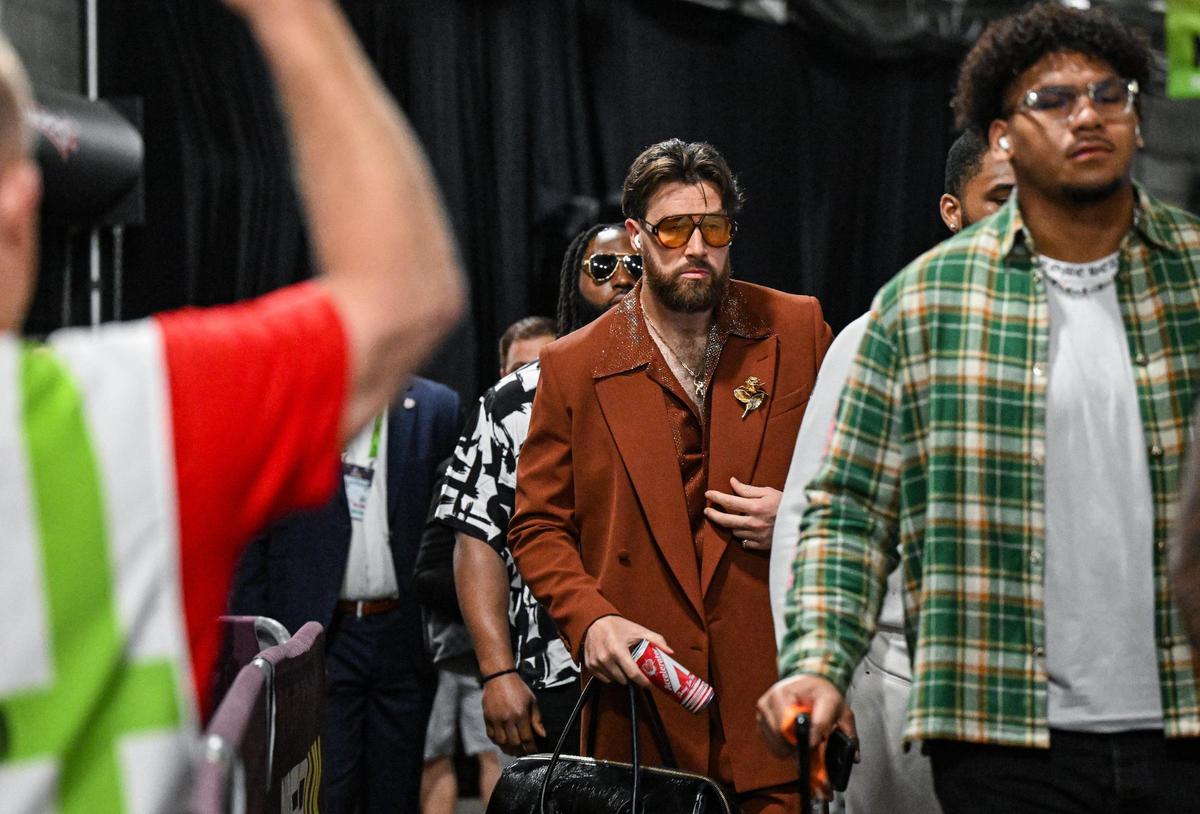 Kansas City Chiefs tight end Travis Kelce arrives before Super Bowl LIX on Sunday, Feb. 9, 2025, in New Orleans.