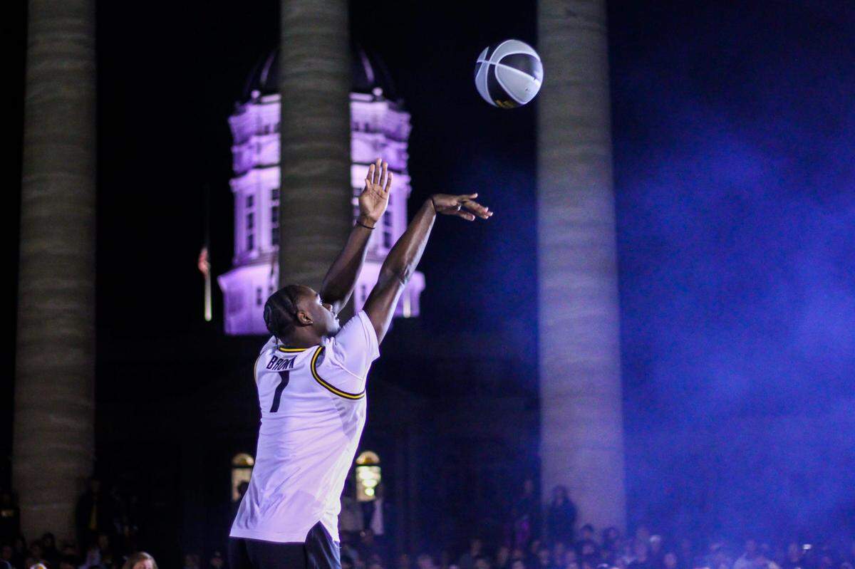 Missouri guard Kaleb Brown shoots a 3-pointer during the Mizzou Madness 3-point contest in the Francis Quadtriangle on Oct. 6, 2023, in Columbia, Mo.