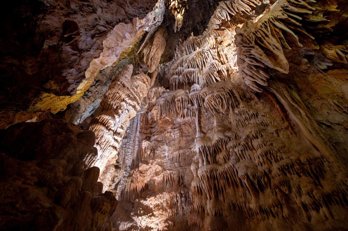 A rock formation towers over the Introduction Room in the Bridal Cave in Camdenton, Missouri.