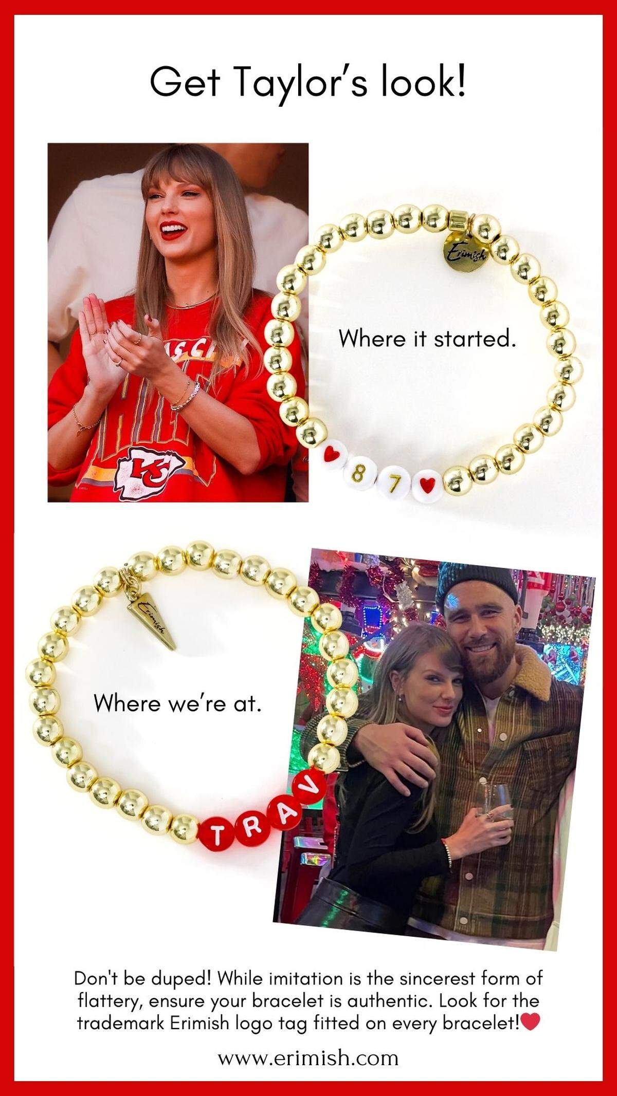 Erimish, a Joplin jewelry company, sent Taylor Swift some bracelets in October. They think she wore one that says, “Trav.” Erimish created a graphic to show the comparison