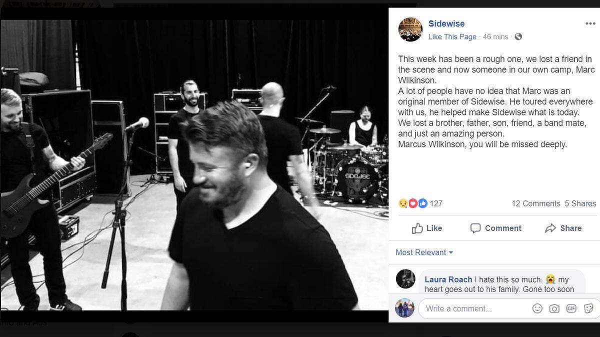 Marcus Wilkinson, an original member of Sidewise, was killed Sunday in a motorcycle crash on Interstate 70. The band announced his death on its Facebook page Tuesday morning.