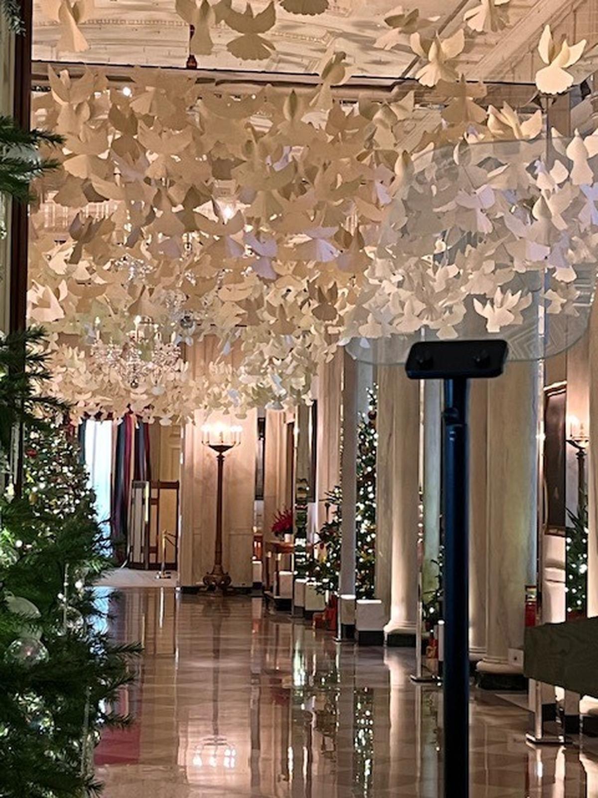 The beautiful paper doves Clay helped assemble in the central hallway.