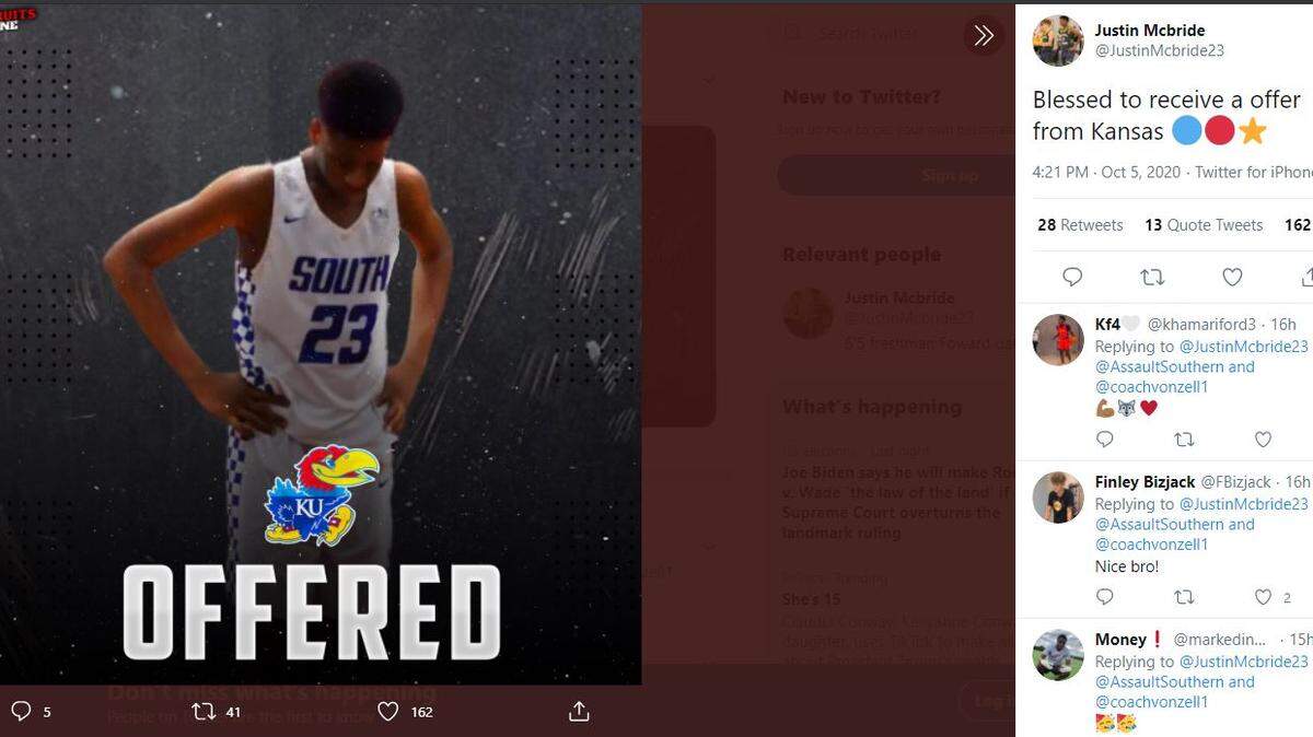 Justin McBride, a 6-foot-8, 210-pound power forward from Oak Hill Academy in Mouth of Wilson, Virginia, has been offered a basketball scholarship by the Kansas Jayhawks, he reported Oct. 5, 2020 on Twitter.