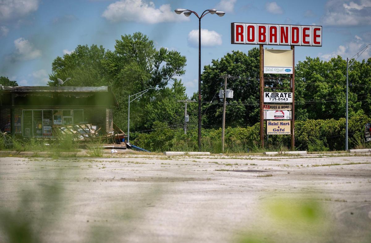 The marquee sign still stands at the long-vacant, dilapidated Robandee Shopping Center, 8300 E. Bannister Rd., in Kansas City on Monday, July 7, 2025.