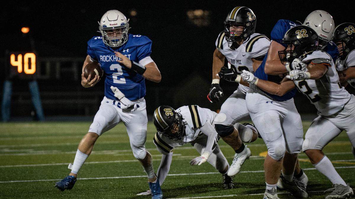 Ethan Hansen of Rockhurst rushed for two touchdowns against Raymore-Peculiar on Friday night in the high school football season opener for both Missouri teams.