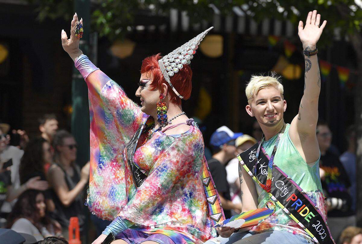 The king and queen of the 2022 KC Pride Parade greeted the crowd gathered in Westport at the start of the procession down Broadway to Theis Park.