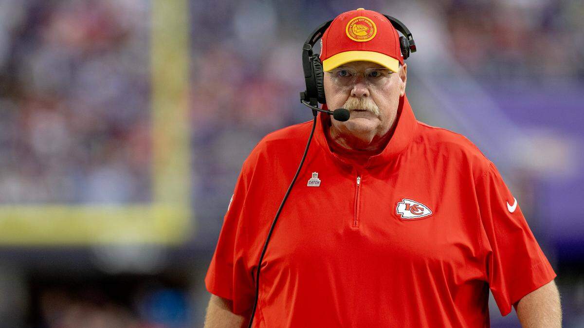 Chiefs coach Andy Reid walks the sideline during Sunday’s game at U.S. Bank Stadium in Minneapolis against the Minnesota Vikings.