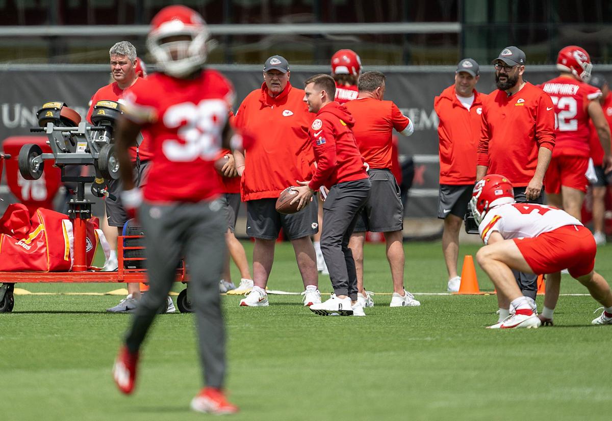 Chiefs coach Andy Reid watches drills during practice at the team’s training facility on Wednesday, May 22, 2024, in Kansas City.