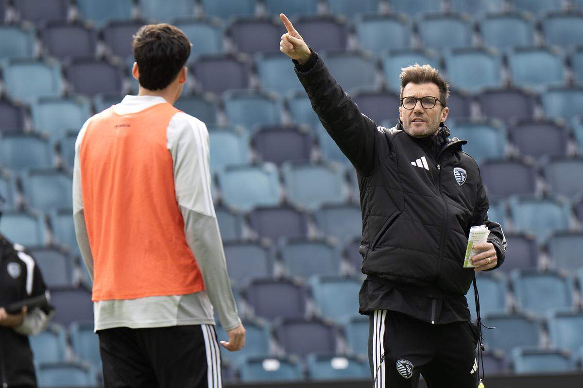 Sporting Kansas City head coach Raphael Wicky directs players during practice at Sporting Park on Tuesday, Feb. 24, 2026, in Kansas City, Kansas.