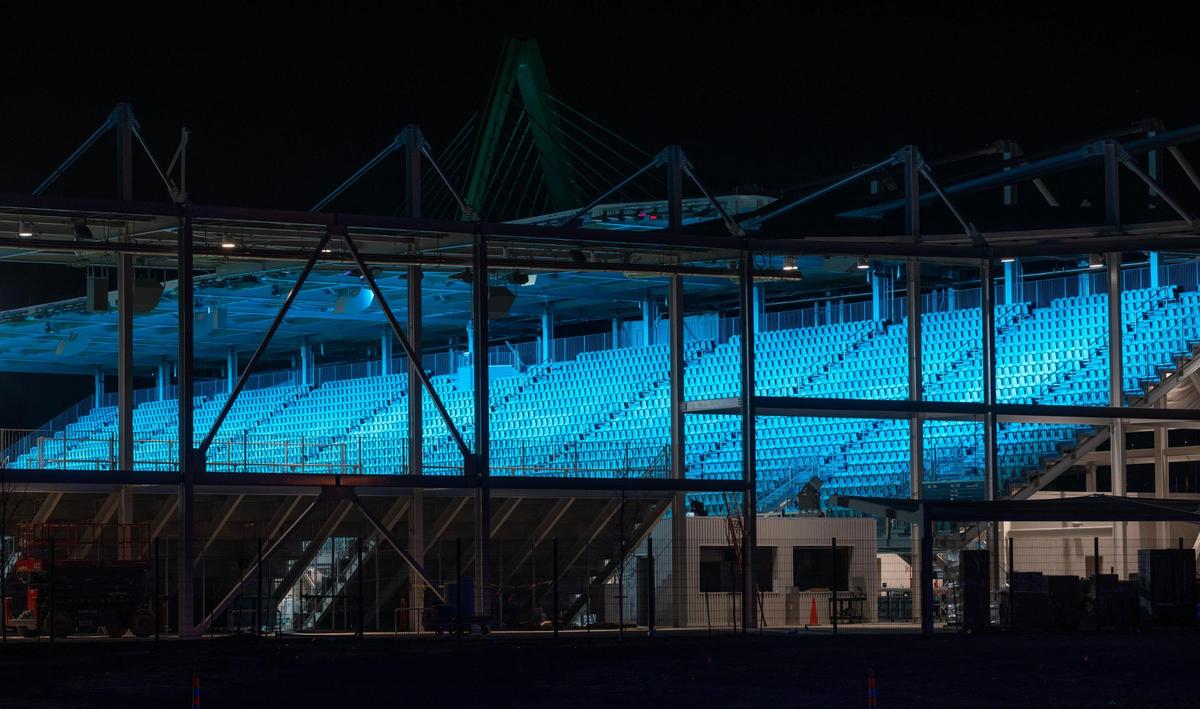 The teal colored seats of CPKC Stadium, the home of the KC Current, glowed bright with the stadium lights Monday night.