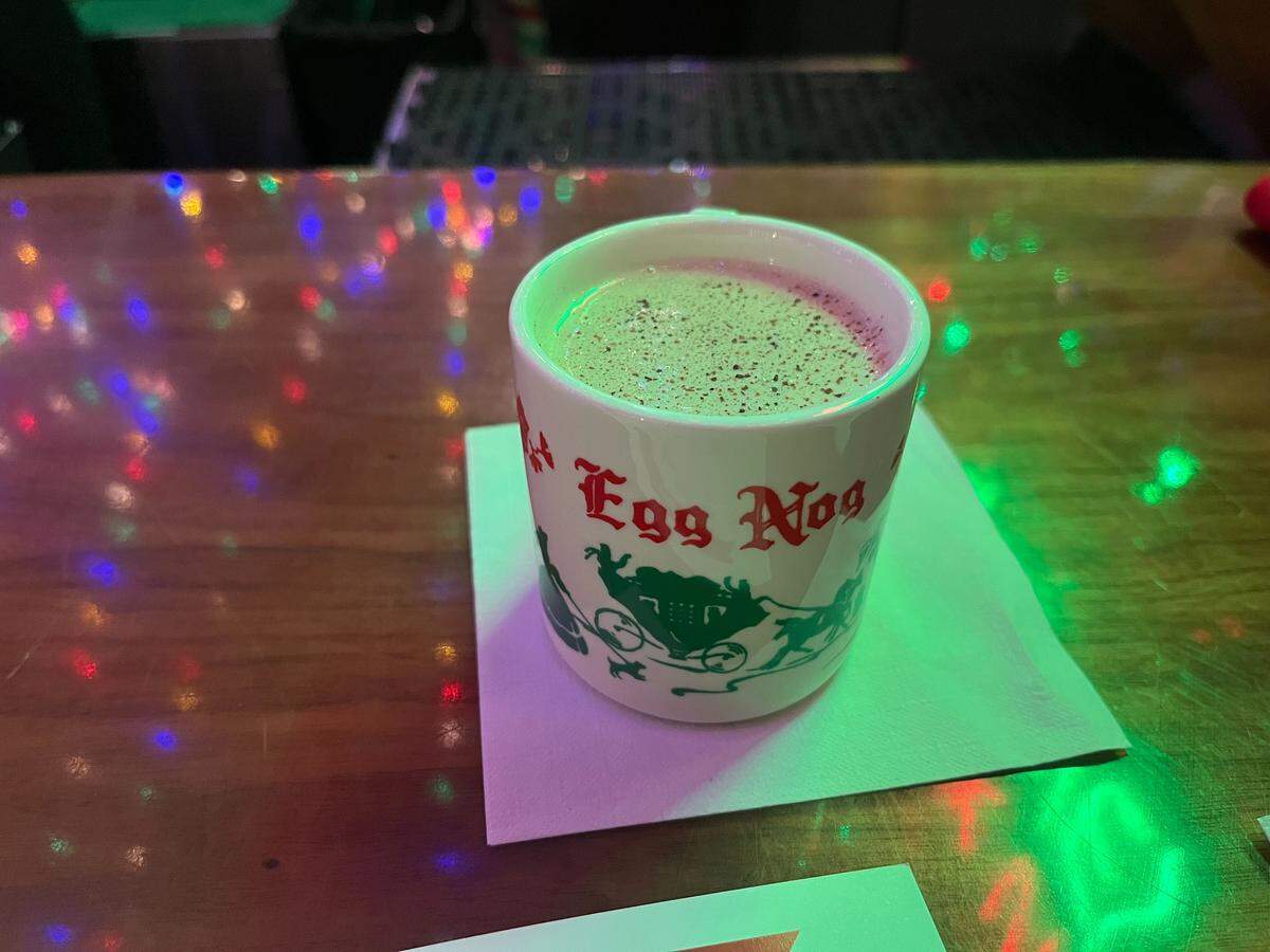 Jingle Balls Nog is pop-up bar Miracle’s take on spiked eggnog, made with cognac, cream sherry, almond milk, cream, egg, vanilla and nutmeg.