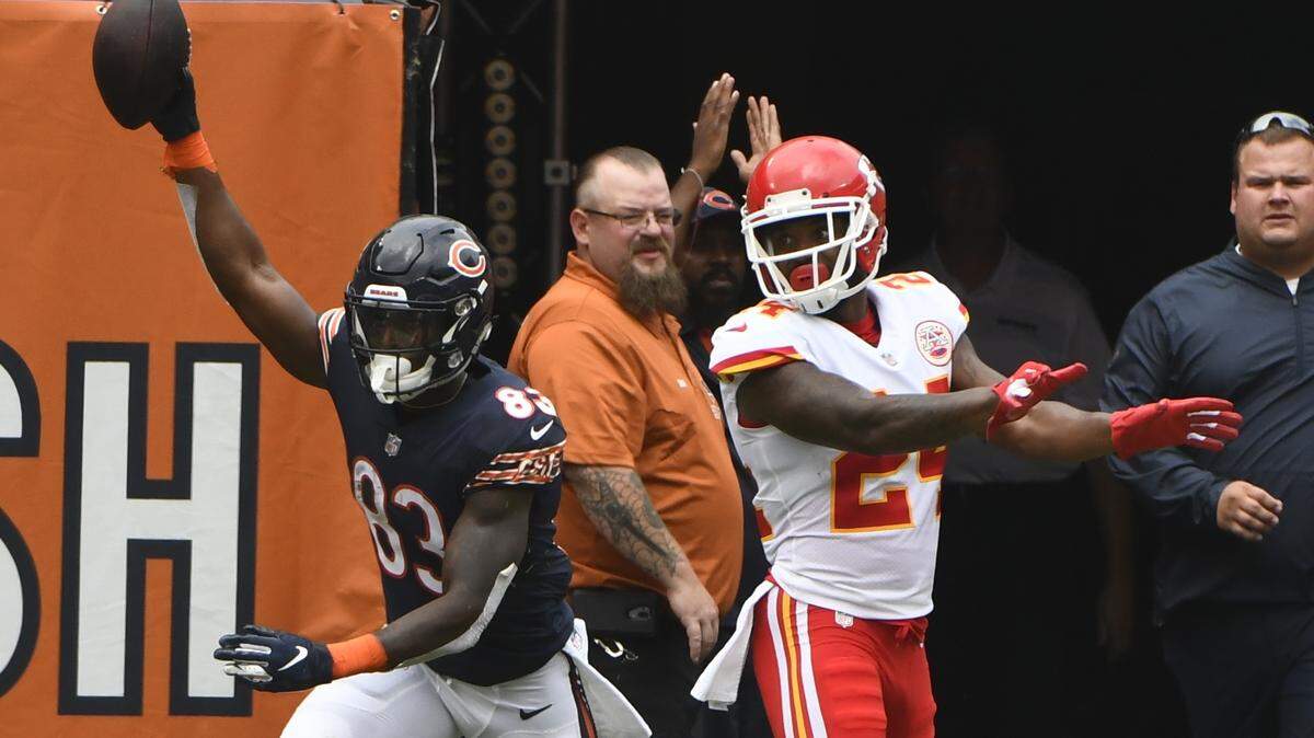 Chicago Bears’ Javon Wims catches a touchdown pass during the first half of a preseason NFL football game against the Kansas City Chiefs Saturday, Aug. 25, 2018, in Chicago.