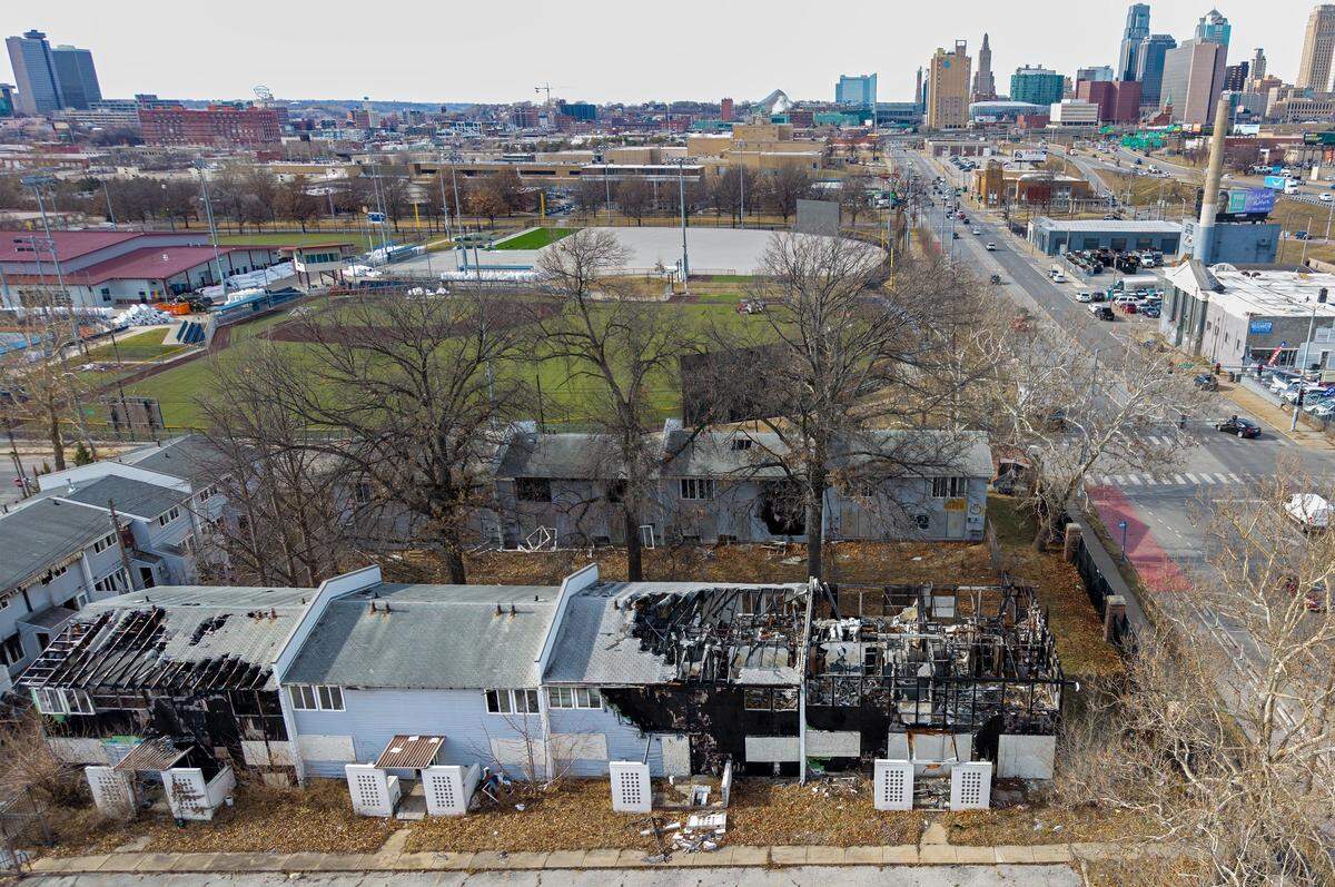 Fire damage can be seen in several units at Parade Park, a housing complex, slated to be torn down later this month on Thursday, Jan. 15 2026. Kansas City firefighters have responded to multiple fires at the vacant complex at 2100 block of East 15th Terrace, over the past several months.