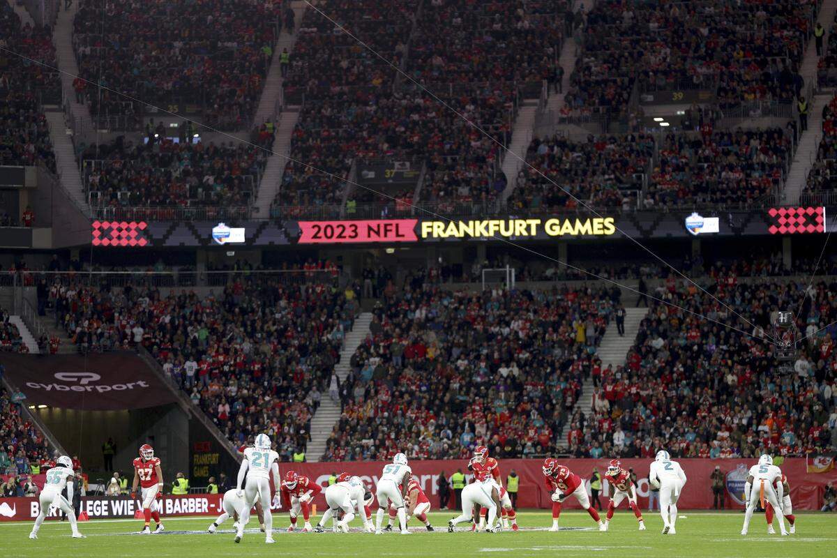 Nov 5, 2023; Frankfurt, Germany, ;  the Kansas City Chiefs and Miami Dolphins line up in the second quarter during an NFL International Series game at Deutsche Bank Park. Mandatory Credit: Nathan Ray Seebeck-USA TODAY Sports