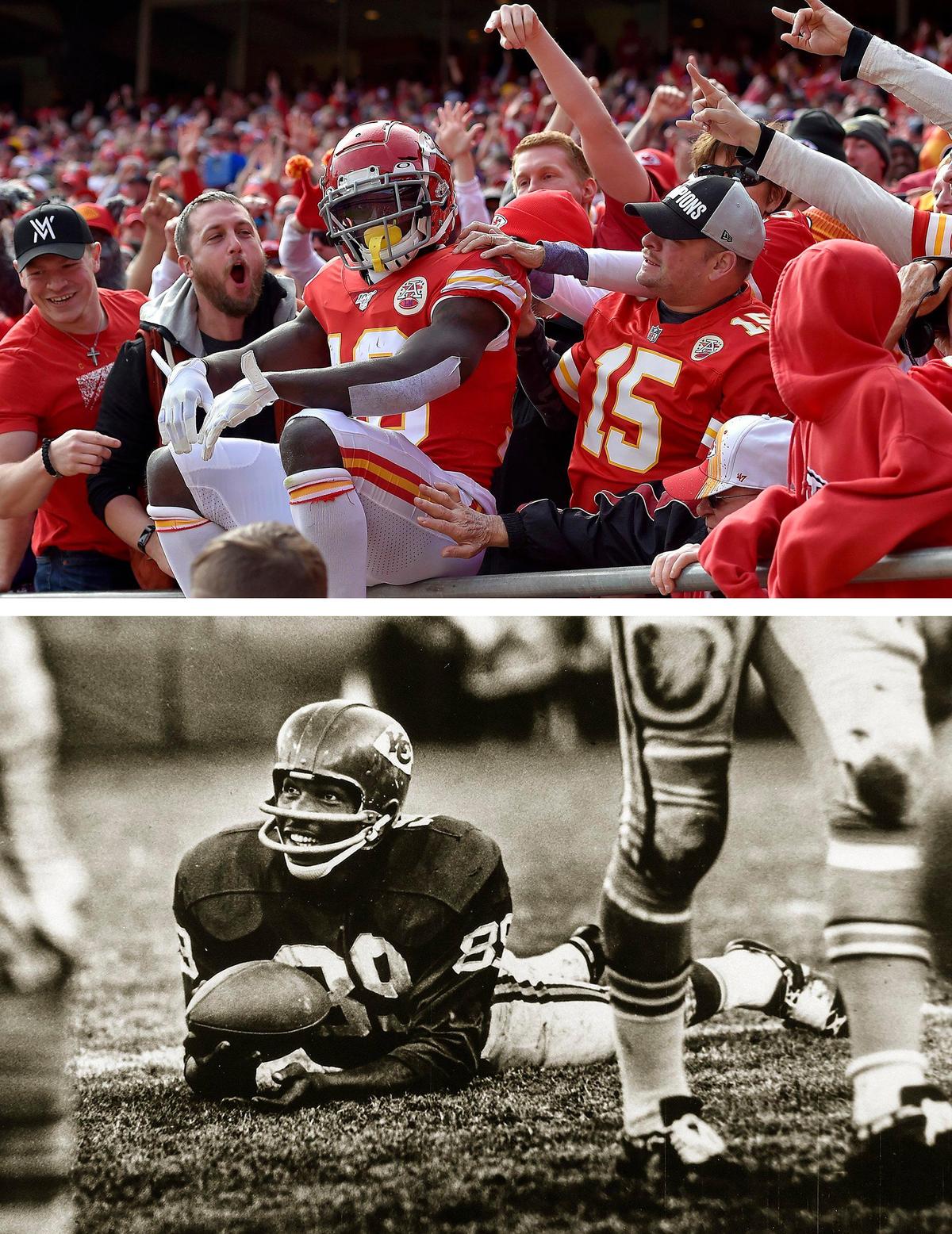 Kansas City Chiefs wide receivers Tyreek Hill, top, and Otis Taylor. (Hill photo by Jill Toyoshiba/The Kansas City Star, Taylor photo courtesy Kansas City Chiefs Archive)