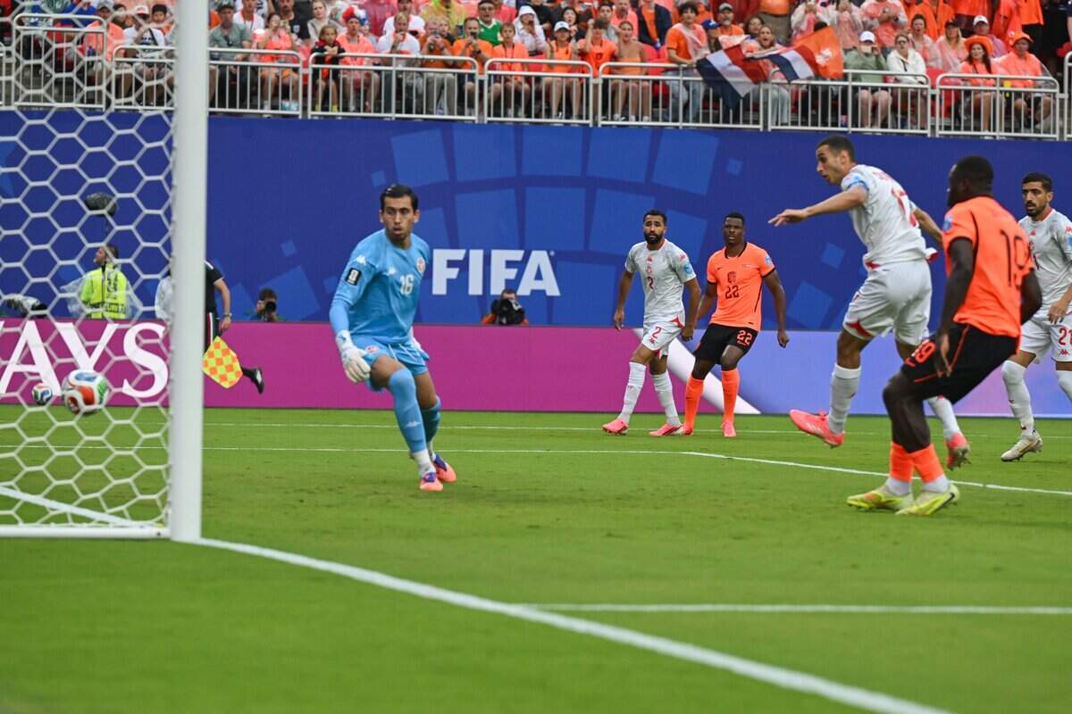Tunisia midfielder Ellyes Skhiri (17) reacts after scoring and own goal and putting Netherlands up 1-0 in the FIFA World Cup group-stage soccer match at Kansas City (Arrowhead) Stadium in Kansas City on Thursday, June 25, 2026.