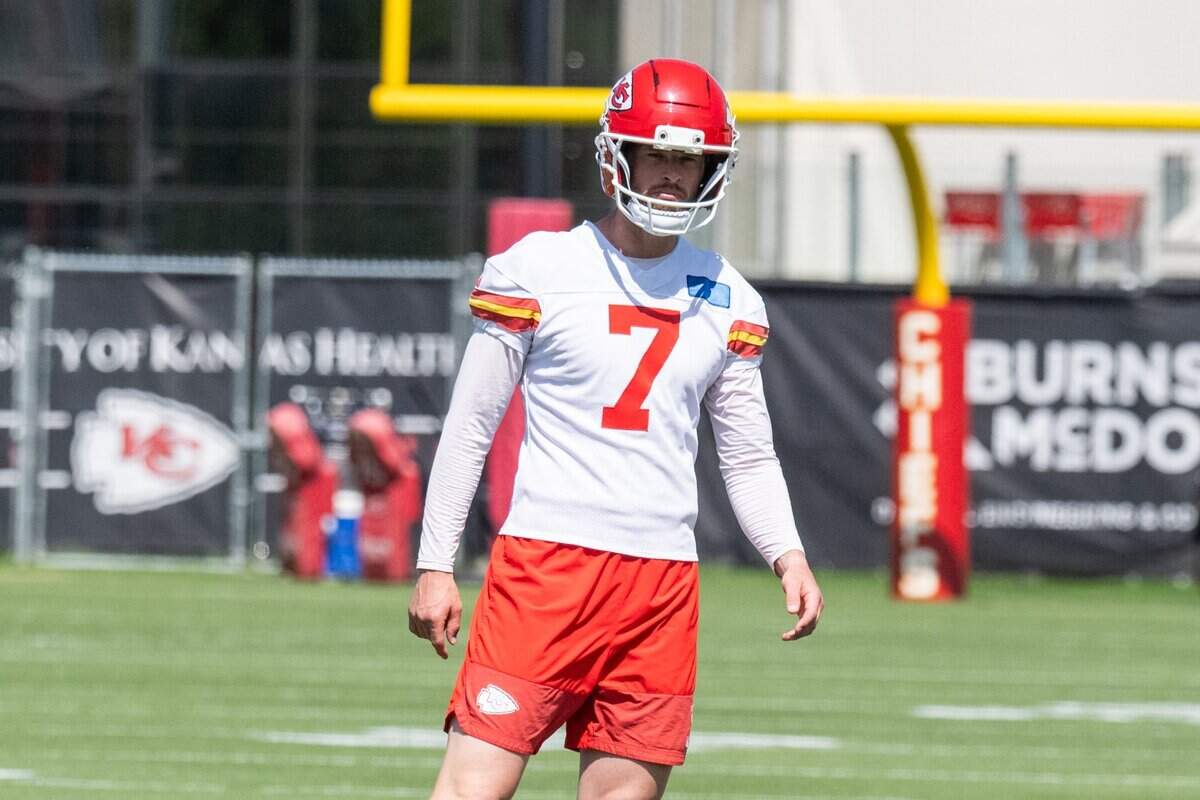Kansas City Chiefs kicker Harrison Butker stretches during Chiefs Minicamp on Tuesday, June 9, 2026, in Kansas City.