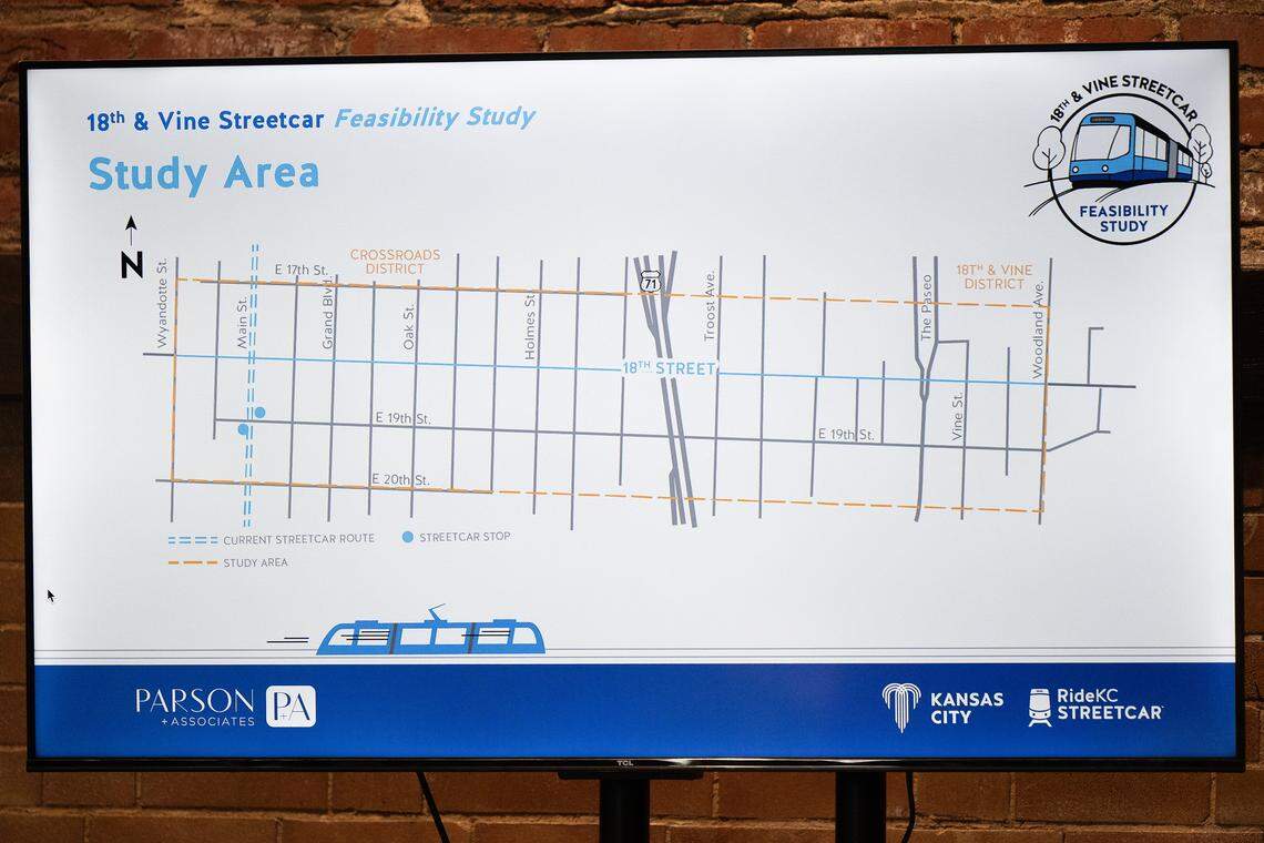 A slideshow depicting the streetcar map overview is displayed during the Advisory Committee meeting for the 18th and Vine Streetcar Expansion Feasibility Study at Zhou B Art Center on Monday, Sept. 22, 2025.