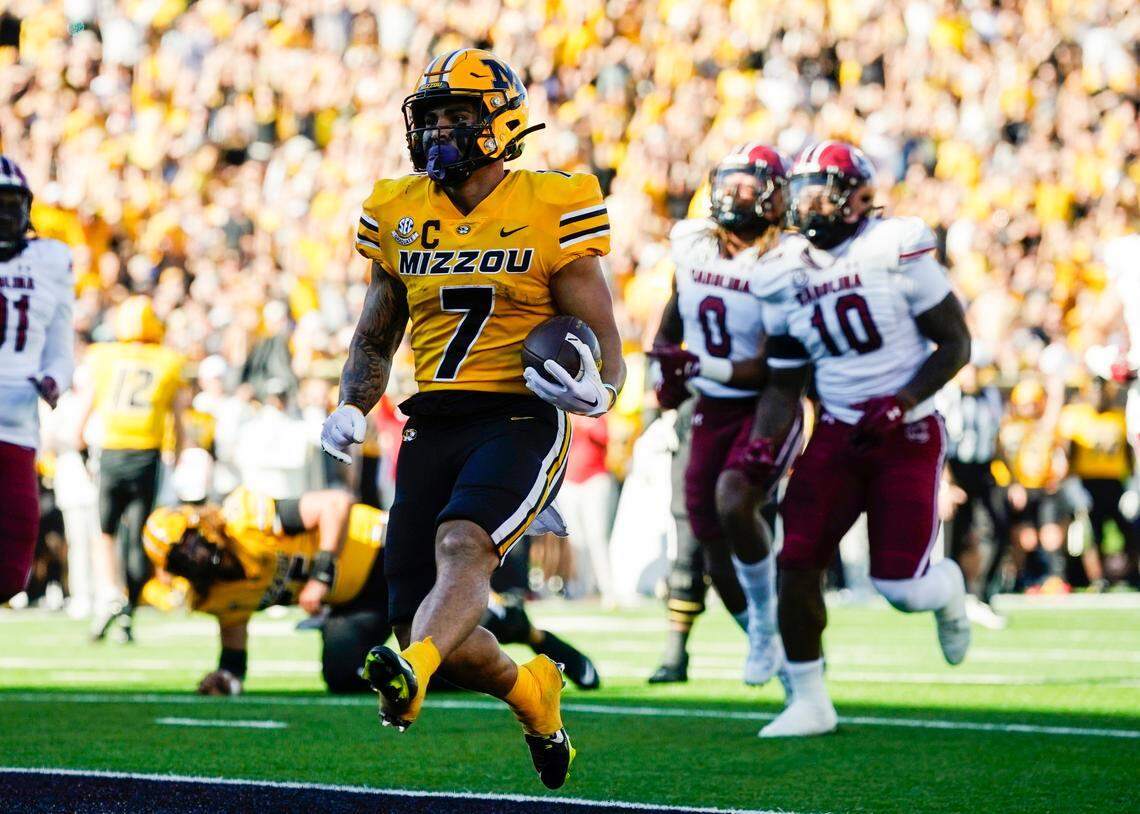 Missouri Tigers running back Cody Schrader scoots into the end zone for a touchdown during Saturday’s homecoming game against South Carolina at Faurot Field in Columbia.