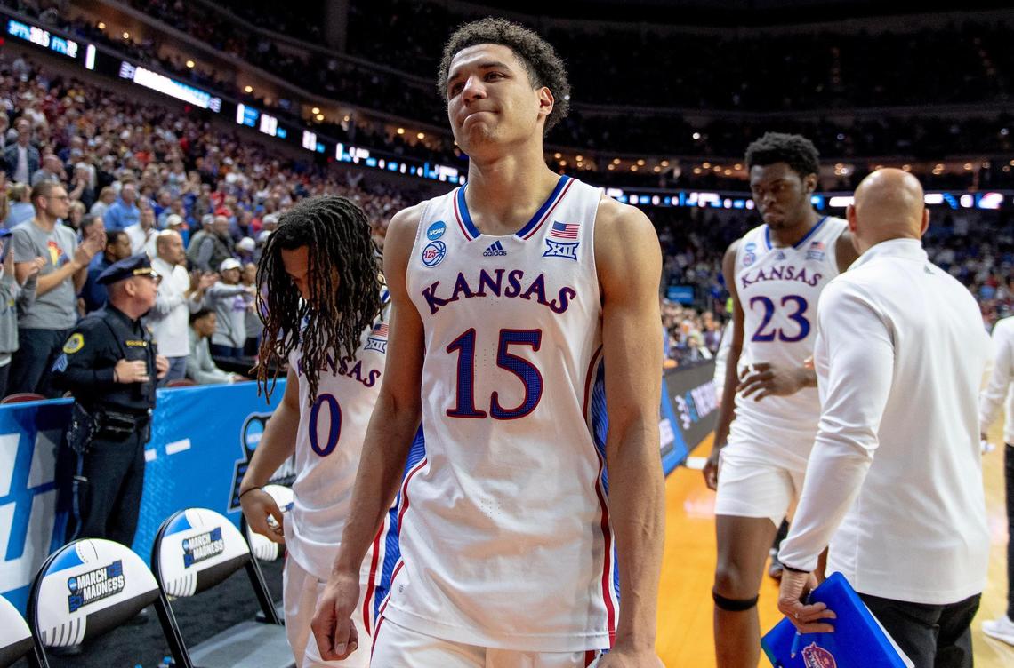 Kansas guard Kevin McCullar Jr. (15) walks off the court after losing 72-71 to Arkansas in a second-round college basketball game in the NCAA Tournament Saturday, March 18, 2023, in Des Moines, Iowa.