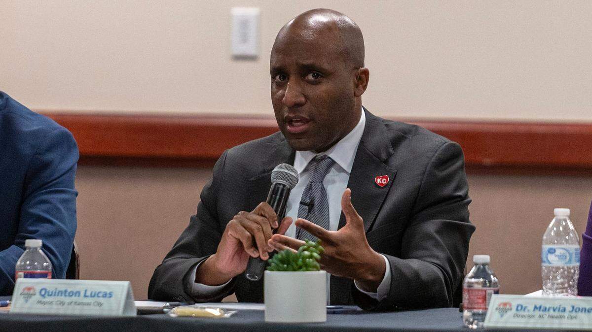 Kansas City Mayor Quinton Lucas speaks during a Fentanyl Summit at the Kansas City Health Department on Friday, Dec. 8, 2023, in Kansas City. Local officials addressed the overdose epidemic, discussing ongoing efforts, including a public education campaign and an ordinance mandating prompt overdose reporting.