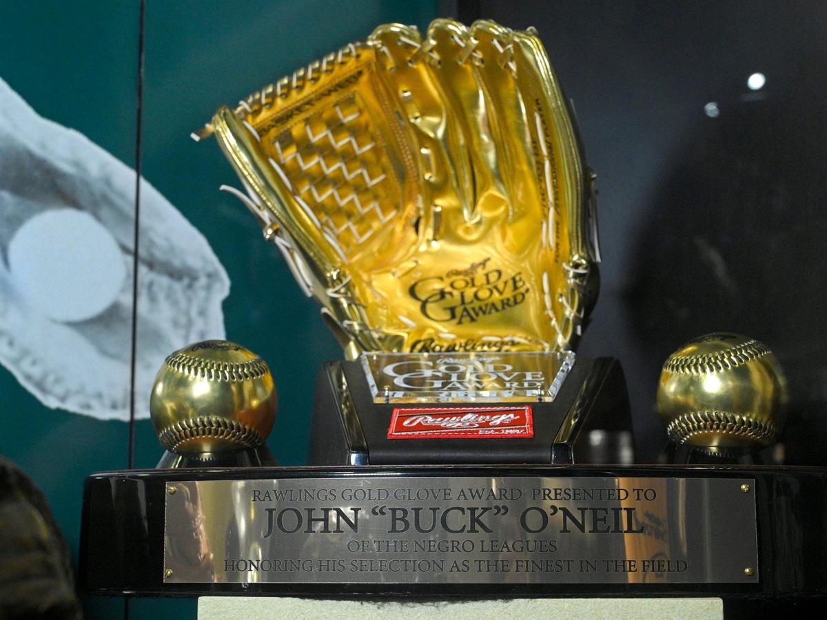 The Gold Glove award honoring Buck O’Neil at the Negro Leagues Baseball Museum. O’Neil, the Kansas City Monarchs star player and manager who was passed over for the National Baseball Hall of Fame shortly before his death in 2006, was elected to the hall on Dec. 5, 2021.
