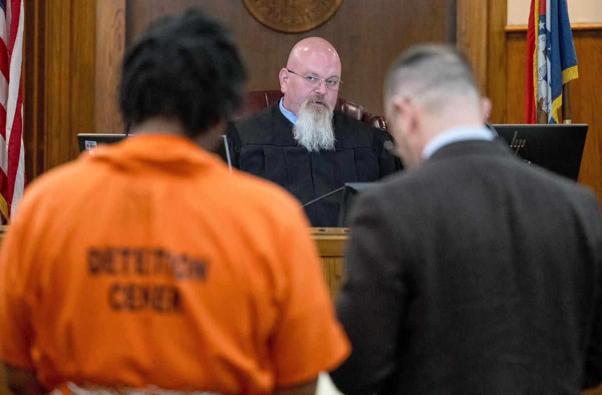 Jackson County Associate Judge R. Travis Willingham speaks to Lyndell Mays, one of the men charged with murder in the Kansas City Chiefs Super Bowl rally mass shooting, during a bond hearing in Jackson County Circuit Court on Tuesday, March 5, 2024, in Kansas City.