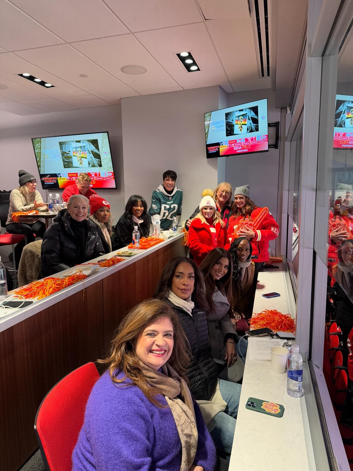 Donna Kelce, at the back with Brooke Shields and Tammy Reid, hosted her fellow VIP participants in the THRIVE@50+ campaign at the Chiefs-Texans game Saturday. Food Network chef Alex Guarnaschelli, “Suits” star Gina Torres and actress Roselyn Sanchez, bottom row, were among the participants.