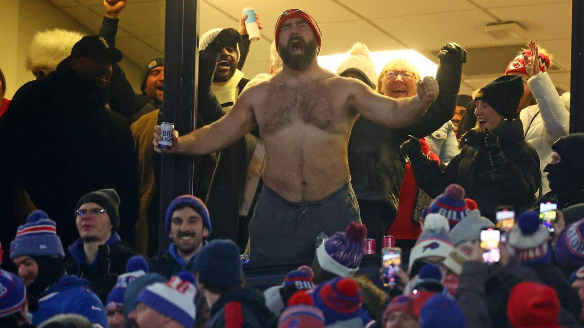 Jason Kelce’s most memorable moment as a Kansas City Chiefs fan: Celebrating shirtless after his brother, Travis Kelce, scored a touchdown for the Chiefs on their way to beating the Buffalo Bills in an AFC divisional round game at Highmark Stadium.