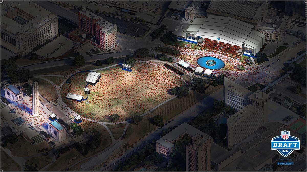 This rendering depicts the NFL Draft setup for the April 27-29 event in Kansas City. Union Station and the Liberty Memorial will be the epicenter of the widely watched player-selection process.