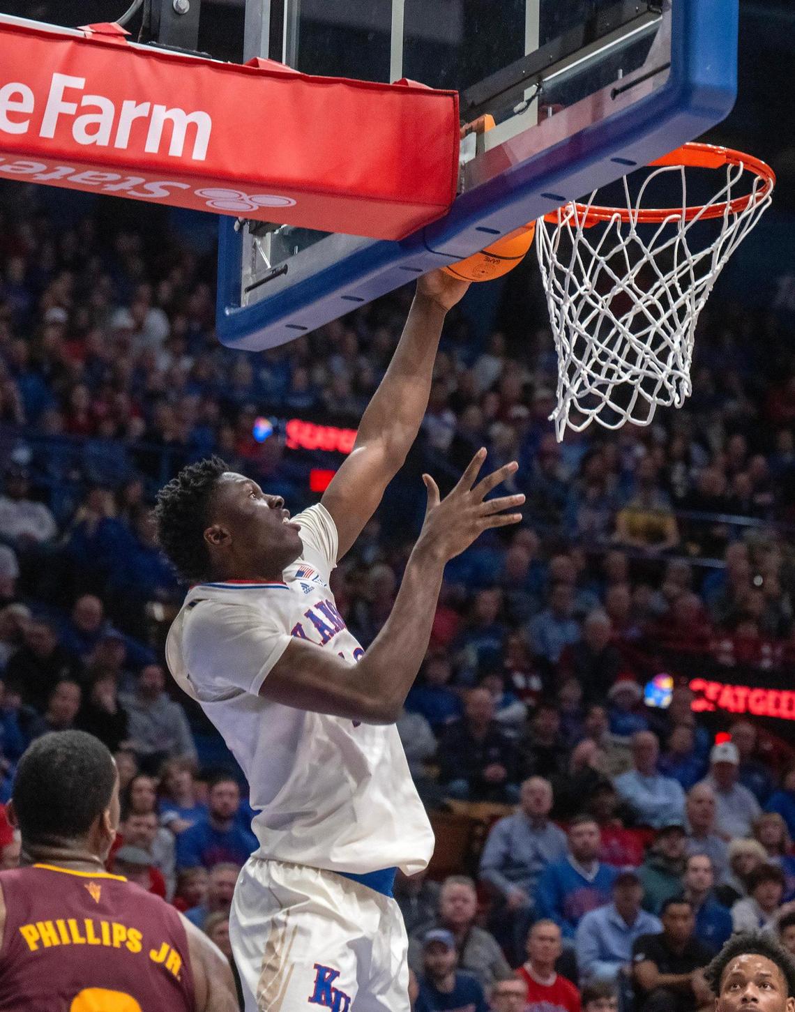 Kansas Jayhawks forward Flory Bidunga goes for a layup during a college basketball game against the Arizona State Sun Devils at Allen Fieldhouse on Wednesday, Jan. 8, 2025, in Lawrence, Kansas.