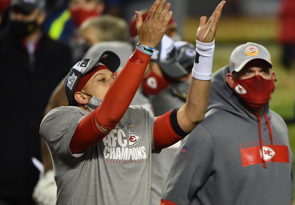 Chiefs quarterback Patrick Mahomes celebrates after the Chiefs won the AFC Championship Game, 38-24, over the Buffalo Bills on Sunday, Jan. 24, 2021, at Arrowhead Stadium in Kansas City.