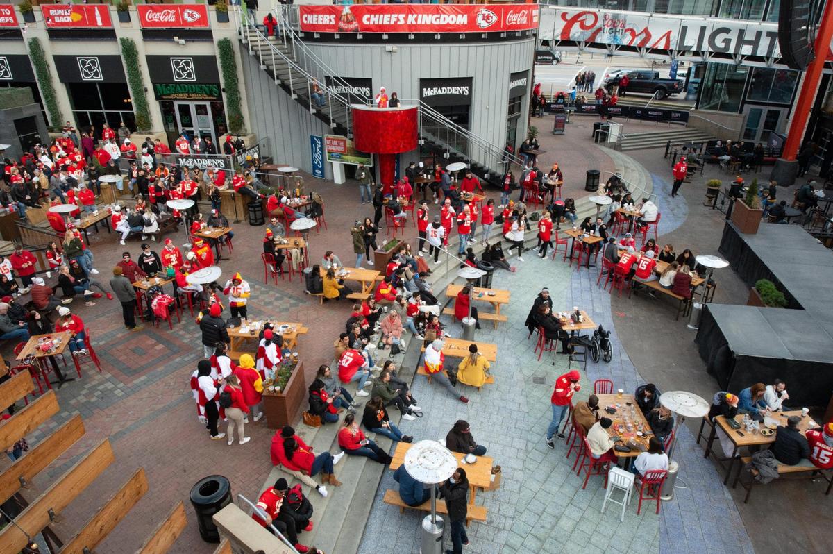 Chiefs fans come out to watch the team’s playoff game agains the Cleveland Browns at KC Live! at the Power and Light District Sunday, Jan. 17, 2021.