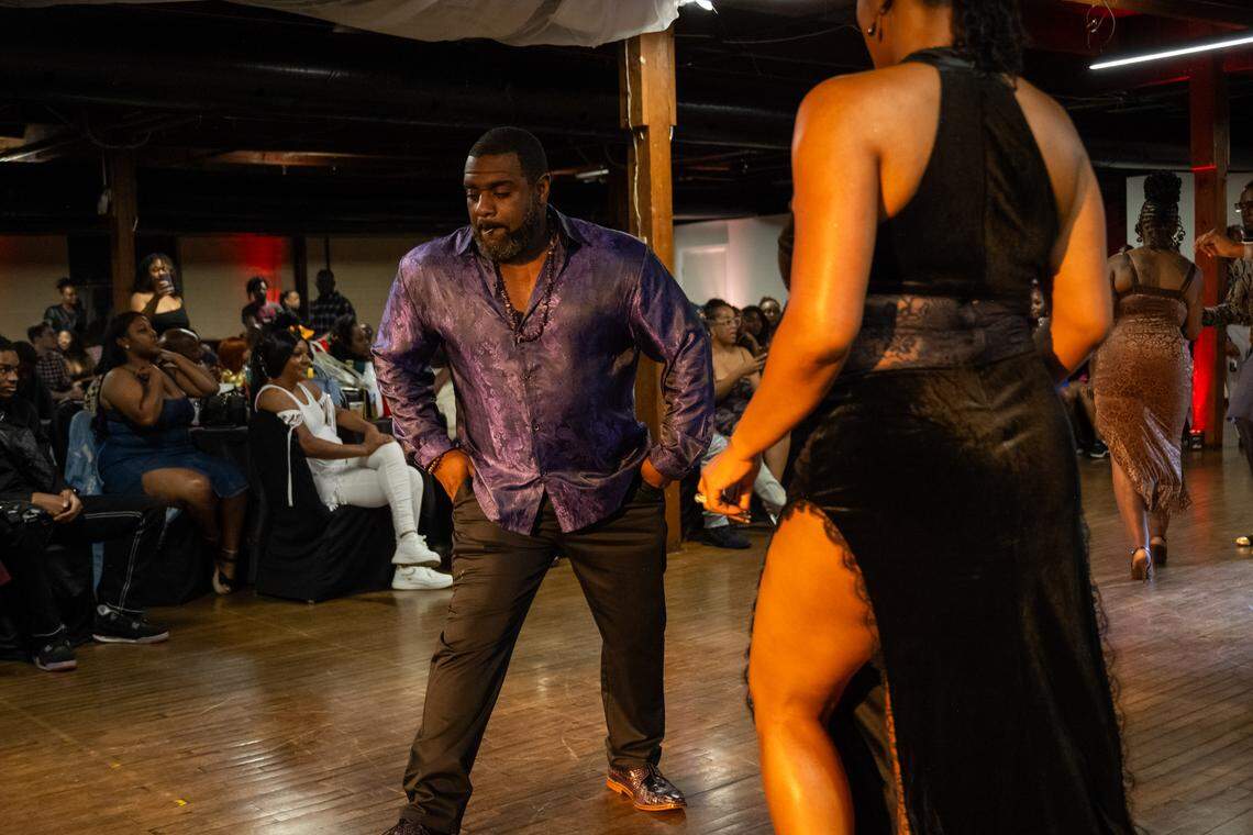 Rafael and Deneane Hancock do the “Kansas City Two-Step” at The Big StepOff 2025, on Oct.18, 2025, in Kansas City. The Hancocks captured first place in the annual competition. Midway through their routine, the couple amazed the crowd with a c-walk, showcasing intricate footwork and heel clicks.