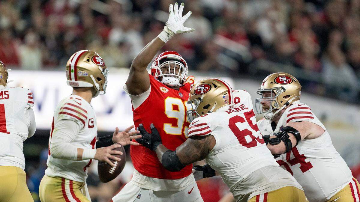 Kansas City Chiefs defensive tackle Chris Jones (95) pressures San Francisco 49ers quarterback Brock Purdy (13) during Super Bowl LVIII on Sunday, Feb. 11, 2024, in Las Vegas.